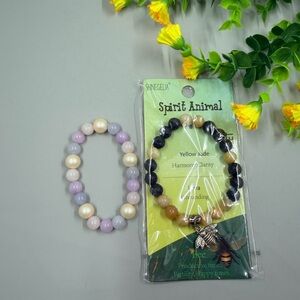 Bee Charm Crystal Jade, Lava Stone, Amethyst, and Pearl Bracelet lot